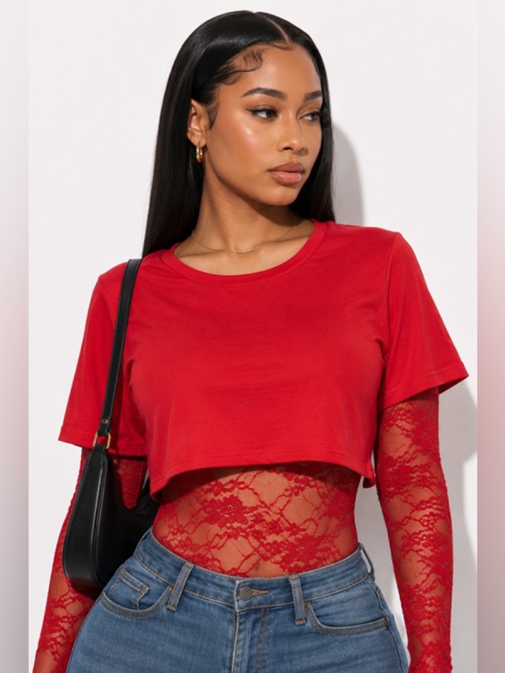 Lace-Back Crop Bodysuit Top - Red, Black, Brown